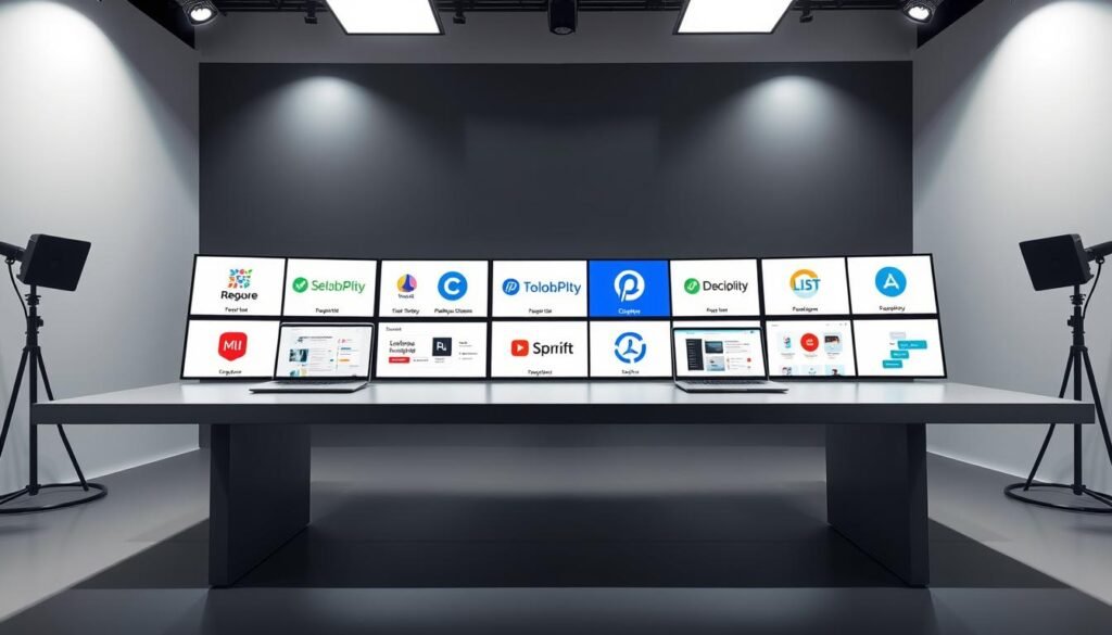 A well-lit studio setup with a sleek, modern table showcasing various language learning platforms side-by-side. On the table, high-quality, realistic images of the platform logos and interfaces, arranged in a neat, grid-like layout. The background is a minimalist, gradient-based scene, creating a clean and professional atmosphere. The lighting is soft and diffused, accentuating the details of the platforms. The camera angle is slightly elevated, giving a sense of overview and comparison. The overall composition is balanced, with a focus on the central display of the language learning platforms.