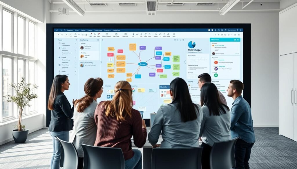 A well-lit, three-dimensional rendering of the MindManager collaborative mind mapping software interface. The foreground depicts a team of professionals gathered around a large, interactive digital whiteboard, engaged in a dynamic brainstorming session. The middle ground showcases the intuitive MindManager tools and features, with colorful mind maps, visual notes, and task management elements. The background presents a modern, minimalist office setting with ample natural lighting, creating a productive and collaborative atmosphere. The scene conveys a sense of efficiency, creativity, and seamless teamwork facilitated by the powerful MindManager platform.