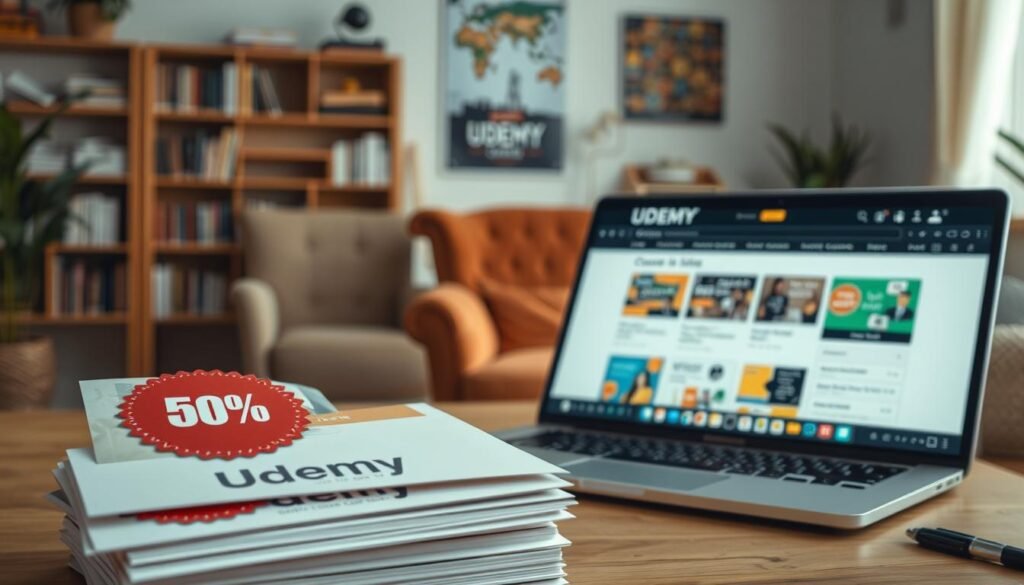 A well-lit, visually engaging scene showcasing various Udemy discount strategies. In the foreground, a stack of Udemy course certificates, each adorned with a prominent discount sticker. In the middle ground, a laptop displaying the Udemy website, with various discount banners and promotional offers. The background features a warm, inviting office setting, with shelves of books and a cozy armchair, creating a sense of productivity and learning. The lighting is soft and natural, highlighting the details of the scene. The overall mood is one of productivity, education, and the opportunity to access valuable online courses at affordable prices.