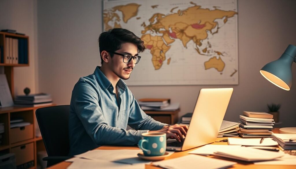 A young professional sits at a desk, eyes fixed on a laptop screen, surrounded by a clutter of papers, books, and a cup of coffee. The workspace is bathed in warm, soft lighting, creating a cozy, focused atmosphere. In the background, a world map hangs on the wall, hinting at the global reach and interconnectedness of data analysis. The scene conveys a sense of excitement and determination as the person embarks on a journey to master the art of data analysis, eager to unlock the insights that will propel their career forward.
