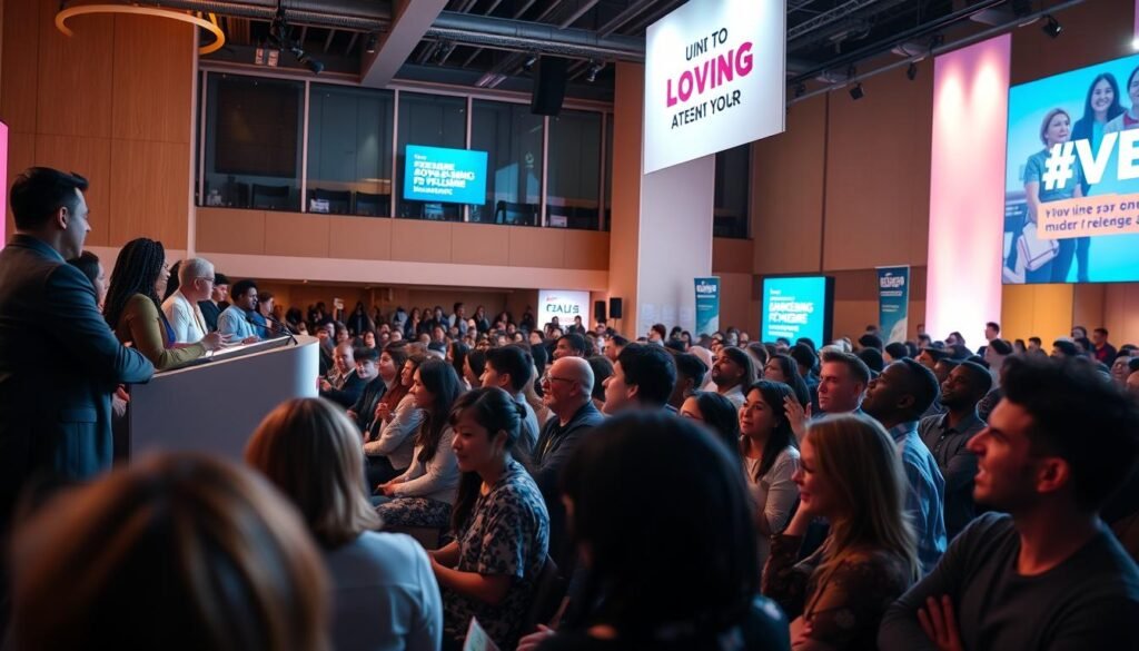 Advocacy events: A bustling scene of passionate individuals gathered in a well-lit, modern event space. In the foreground, a diverse group of speakers addressing the audience from a sleek, minimalist stage, their expressions animated and their gestures emphatic. In the middle ground, rows of attentive attendees, their faces illuminated by the warm lighting, nodding in agreement or taking notes. In the background, digital displays and banners showcase the event's cause, creating a sense of purpose and unity. The atmosphere is one of energy, collaboration, and a shared commitment to driving positive change.