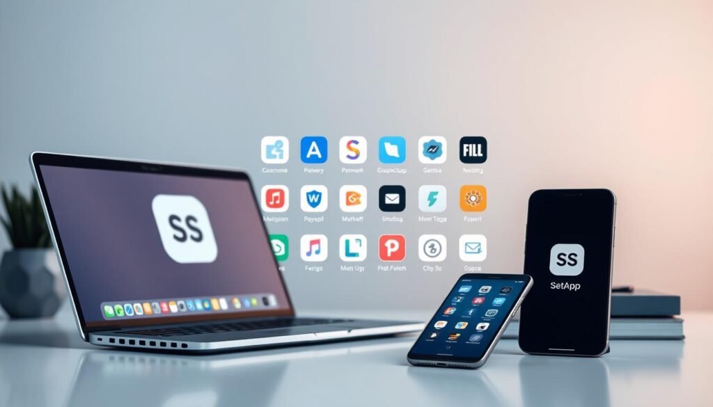 An elegant and modern office workspace with clean lines and minimalist design. The foreground features a sleek laptop, smartphone, and a SetApp logo, suggesting the app's seamless integration with various devices. The middle ground showcases a variety of high-quality app icons, representing the diverse range of applications available through SetApp. The background is a soft, blurred gradient, creating a sense of depth and focus on the central elements. The overall mood is one of productivity, efficiency, and the convenience of having a curated collection of essential apps at one's fingertips.