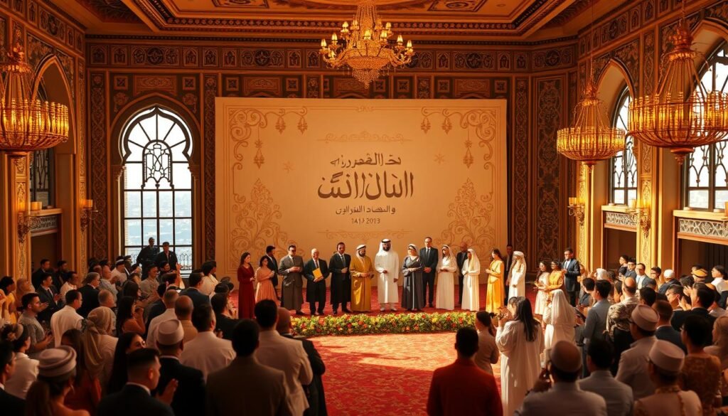 An elegant indoor cultural awards ceremony set in a grand Arabian-style palace. In the foreground, a stage is adorned with ornate golden decorations and a large backdrop featuring traditional Arabic calligraphy and motifs. On the stage, award recipients dressed in traditional robes and headdresses stand proudly, surrounded by a sea of applauding attendees. The middle ground showcases the opulent interior, with intricate arched doorways, ornate chandeliers, and rich tapestries covering the walls. Soft, warm lighting filters through the space, creating a celebratory and dignified atmosphere. In the background, a view of a picturesque Arabian cityscape can be seen through the palace windows, hinting at the deep cultural heritage being honored.