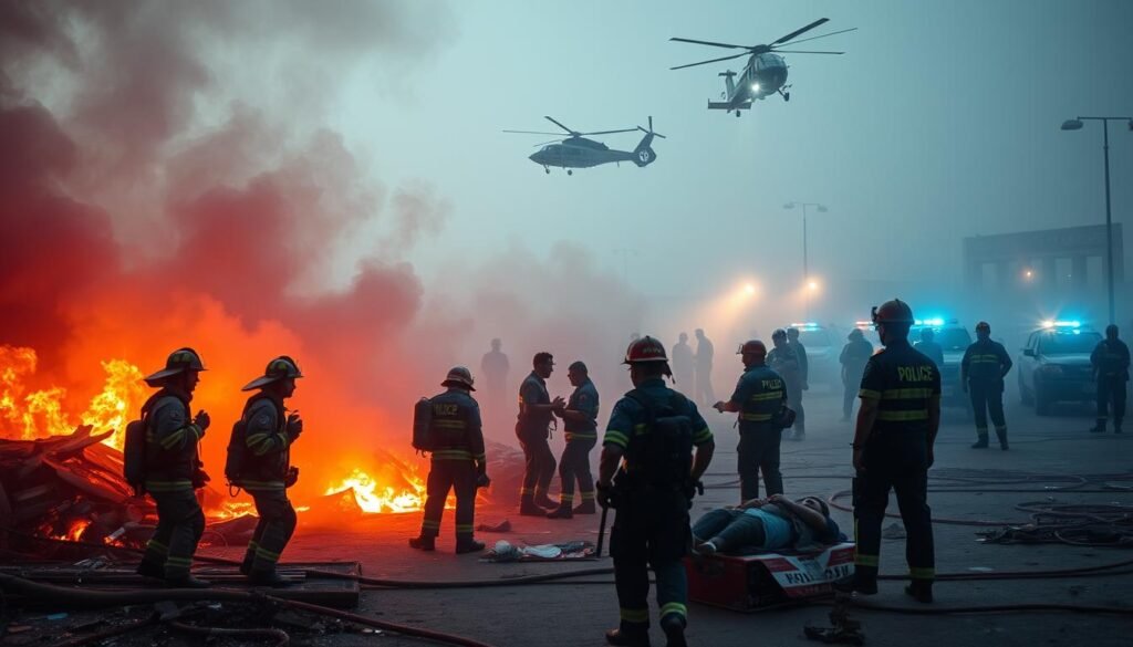 An expansive emergency response scene with first responders in action. In the foreground, firefighters bravely battle a blaze, their faces illuminated by the warm glow of the flames. In the middle ground, paramedics tend to the injured, their blue uniforms contrasting against the smoky backdrop. In the distance, police officers cordon off the area, their flashing lights casting an urgent, otherworldly atmosphere. Overhead, a helicopter hovers, its searchlight sweeping the scene. The composition is dynamic, with a sense of urgency and purpose, capturing the global impact of humanitarian aid projects in times of crisis.