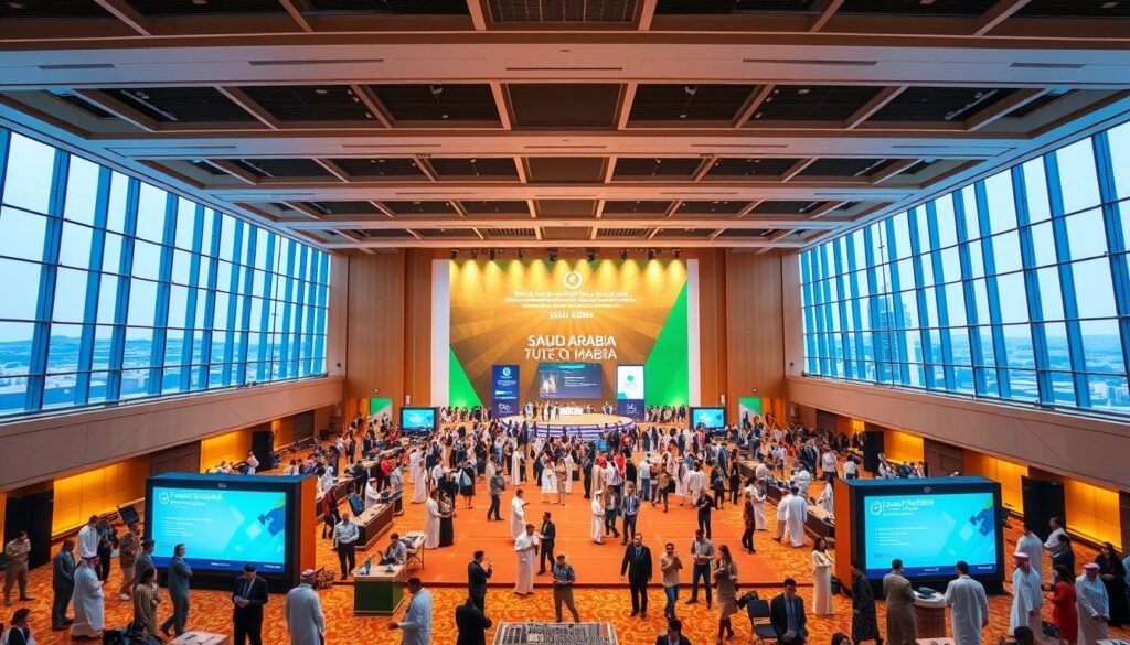An expansive, modern hall filled with warm lighting and clean lines, showcasing a vibrant array of upcoming events and training programs in Saudi Arabia. In the foreground, a large central stage with digital displays and podiums, conveying a sense of professional development and community engagement. The middle ground features attendees mingling and interacting, dressed in traditional Saudi attire, creating an atmosphere of cultural diversity and knowledge sharing. The background depicts panoramic windows offering breathtaking views of the Saudi landscape, hinting at the country's rich heritage and promising future. The overall scene radiates a sense of progress, education, and national pride.