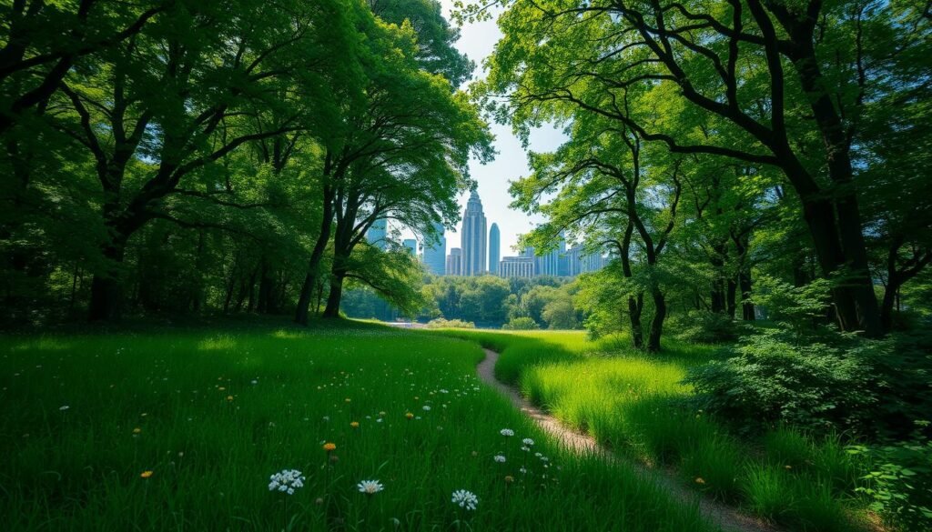 An expansive urban forest, with towering emerald canopies casting dappled light across lush undergrowth. In the foreground, a verdant meadow dotted with wildflowers sways in a gentle breeze. Winding paths meander through the tranquil scene, inviting exploration. In the distance, the skyline of a modern city rises, its glass and steel structures framed by the verdant oasis. The overall atmosphere exudes a sense of harmony between nature and the built environment, showcasing the potential for sustainable urban planning to create vibrant, livable cities.
