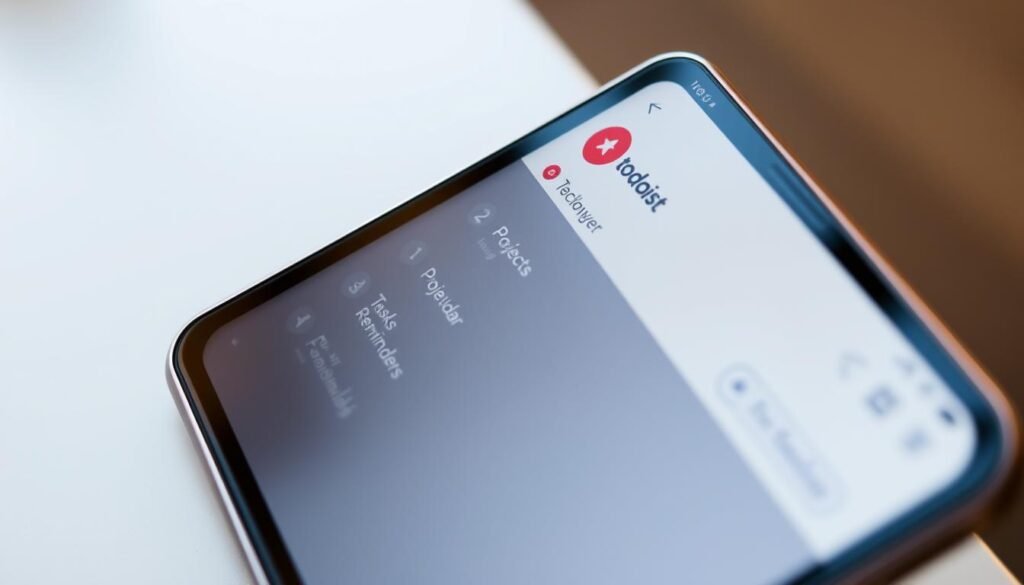 Detailed closeup view of Todoist app's key features on a sleek metal device, with a soft focus background. Crisp, clean interface showcasing essential tools like tasks, projects, calendar, and reminders in a minimalist, high-contrast layout. Warm lighting from the side, casting subtle shadows to emphasize the depth and texture of the digital elements. Camera angle slightly tilted to create a dynamic, professional composition. Overall, a stylish, sophisticated representation of Todoist's powerful productivity capabilities.