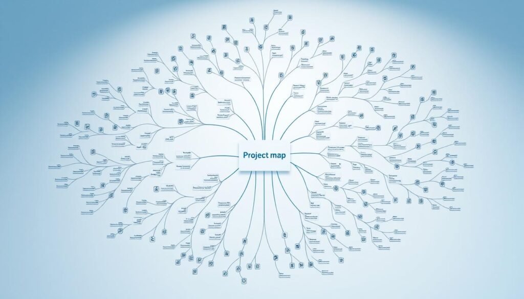 Detailed digital mind map, clean and modern design, shades of blue and gray, with interconnected nodes and icons representing various project management concepts and ideas. Intricate, geometric layout with balanced symmetry, high-quality textures and gradients. Soft, ambient lighting illuminates the scene, creating a professional and visually appealing composition. The mind map fills the frame, showcasing its complexity and versatility as a powerful tool for organizing and visualizing information.