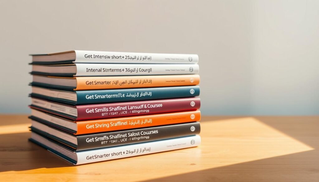 Detailed, high-resolution image of a stack of intensive short courses, set against a clean, minimalist background. The courses are neatly arranged, their spines prominently displaying their titles in Arabic script. Warm, natural lighting illuminates the scene, lending a sense of professionalism and educational focus. The composition emphasizes the structured, organized nature of the courses, reflecting the disciplined approach of GetSmarter's educational offerings. The overall mood is one of efficiency, productivity, and a commitment to upskilling through concise, targeted learning experiences.