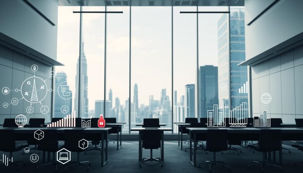 Elegant data analysis courses, set against a backdrop of modern digital architecture. In the foreground, highly detailed icons and visualizations representing key data science techniques - regression analysis, machine learning algorithms, and data visualization tools. The middle ground features sleek, minimalist classrooms with large windows, creating a sense of openness and light. In the background, a cityscape of towering skyscrapers, reflecting the urban, technology-driven nature of the subject matter. The overall mood is one of professionalism, innovation, and intellectual stimulation - capturing the essence of specialized data analytics training.