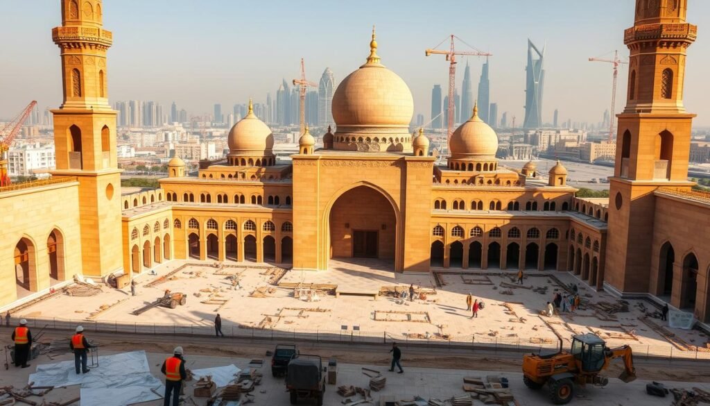 Mosque construction projects in Dubai, United Arab Emirates. Detailed architectural drawings of a majestic mosque complex with intricate domes, minarets, and arched entrances. Warm golden sunlight bathes the scene, casting dramatic shadows across the sandstone facade. In the foreground, construction workers in hard hats and safety vests diligently work, operating heavy machinery and laying bricks. The middle ground reveals a sprawling site bustling with activity, cranes, and scaffolding. In the background, the Dubai skyline rises, a mix of modern skyscrapers and historic landmarks. An atmosphere of progress, devotion, and cultural heritage radiates from this ambitious project. Mosque construction projects in Dubai, United Arab Emirates. Detailed architectural drawings of a majestic mosque complex with intricate domes, minarets, and arched entrances. Warm golden sunlight bathes the scene, casting dramatic shadows across the sandstone facade. In the foreground, construction workers in hard hats and safety vests diligently work, operating heavy machinery and laying bricks. The middle ground reveals a sprawling site bustling with activity, cranes, and scaffolding. In the background, the Dubai skyline rises, a mix of modern skyscrapers and historic landmarks. An atmosphere of progress, devotion, and cultural heritage radiates from this ambitious project.