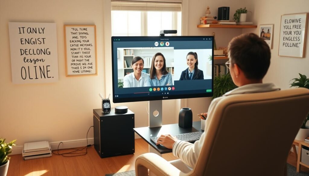 Prompt A bright, well-lit home office setting with a large, modern desktop computer and a comfortable chair. On the screen, a video chat interface showcases a personalized English lesson, with a friendly and engaging online tutor interacting with the student. The room is filled with motivational quotes, language learning materials, and a sense of focused productivity. The lighting is warm and natural, creating a cozy and inviting atmosphere. The overall scene conveys the benefits of learning English online with a personalized, one-on-one approach.