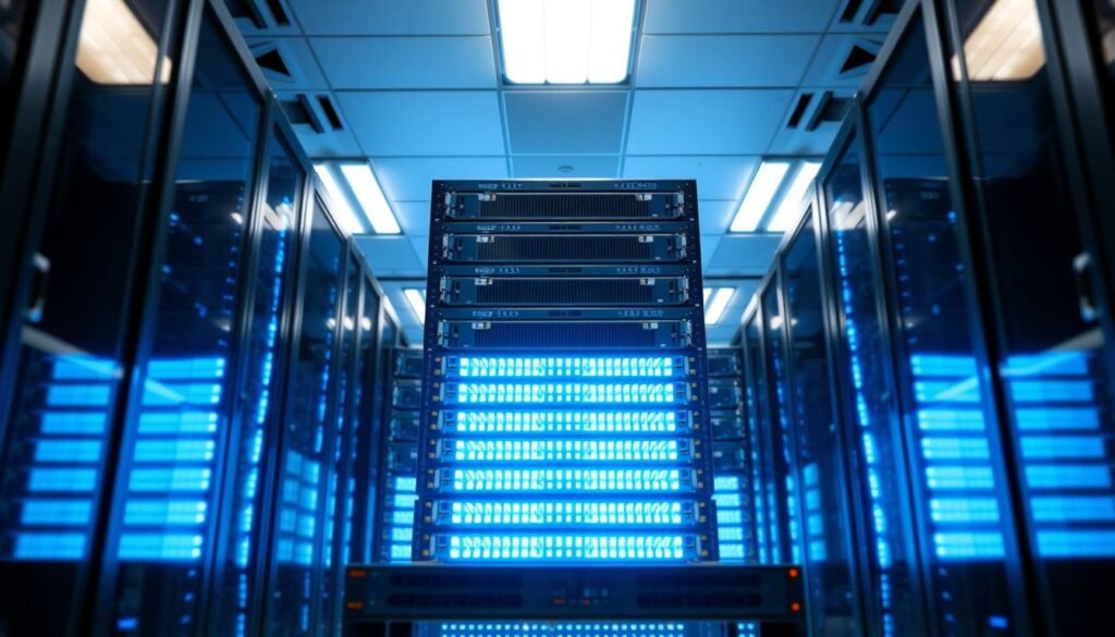 RAM-based VPN servers, their stacked racks illuminated by cool blue LED lights, stand in a sleek, minimalist data center. The servers' glossy casings reflect the overhead fluorescent lighting, creating a sense of crisp, clean efficiency. In the foreground, a cluster of high-performance networking switches enable the rapid, secure routing of VPN traffic. The background fades into a hazy, out-of-focus perspective, drawing the viewer's attention to the central VPN server array - the beating heart of a vast, reliable virtual private network infrastructure.