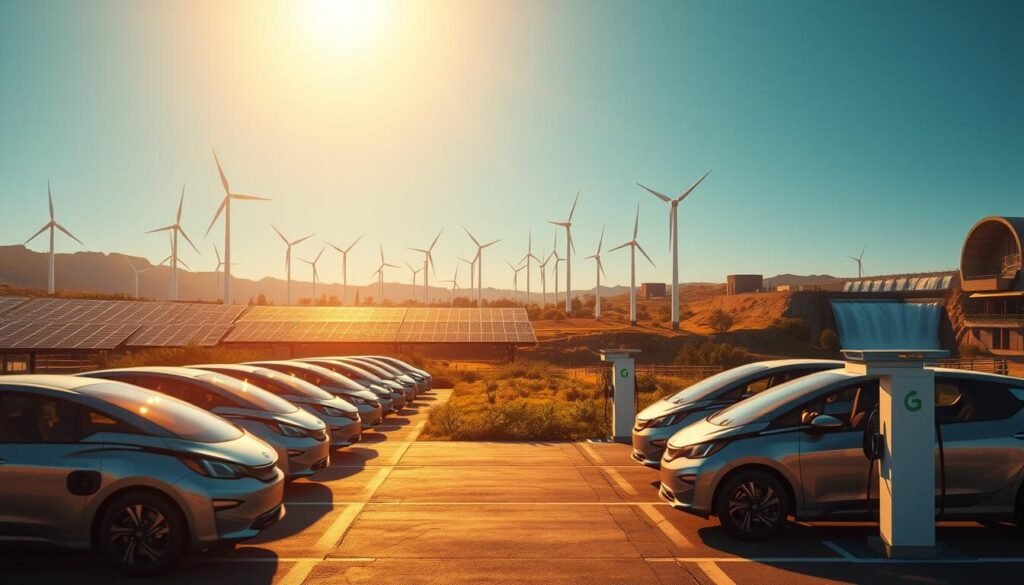 Renewable energy technologies: a futuristic landscape of solar panels, wind turbines, and hydroelectric dams, bathed in warm golden light. In the foreground, cutting-edge electric vehicles charge at sleek, minimalist stations. In the middle ground, a sprawling array of solar panels reflects the sky's azure hue, while towering wind turbines spin gracefully, their blades cutting through the air. In the distance, a cascading waterfall powers a hydroelectric plant, its turbines churning with clean, sustainable energy. The scene conveys a sense of harmony between technology and nature, a vision of a greener, more sustainable future.