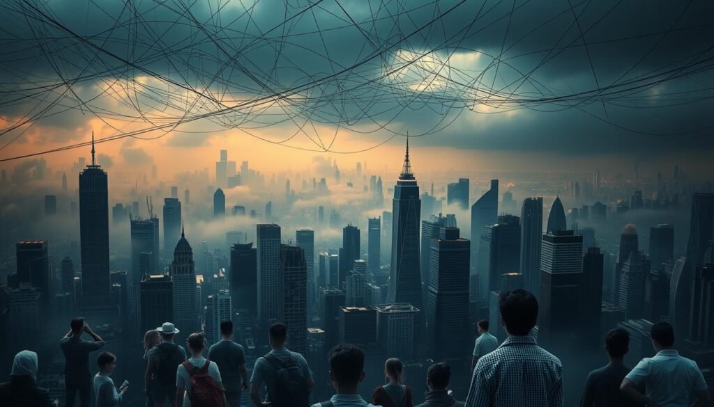 Sprawling cityscape shrouded in a haze of uncertainty, towering skyscrapers casting long shadows over a world grappling with the complexities of global connectivity. In the foreground, a diverse group of individuals, each facing unique challenges - linguistic barriers, cultural divides, and socioeconomic disparities. A sense of isolation permeates the scene, juxtaposed with the promise of a shared humanity, yet struggling to find common ground. Overhead, a tangled web of communication channels and data streams, symbolizing the disconnect between the digital and physical realms. Dim lighting casts an ominous tone, underscoring the fragility of our interconnected world. This is the canvas of global citizenship, a landscape fraught with both opportunity and peril.