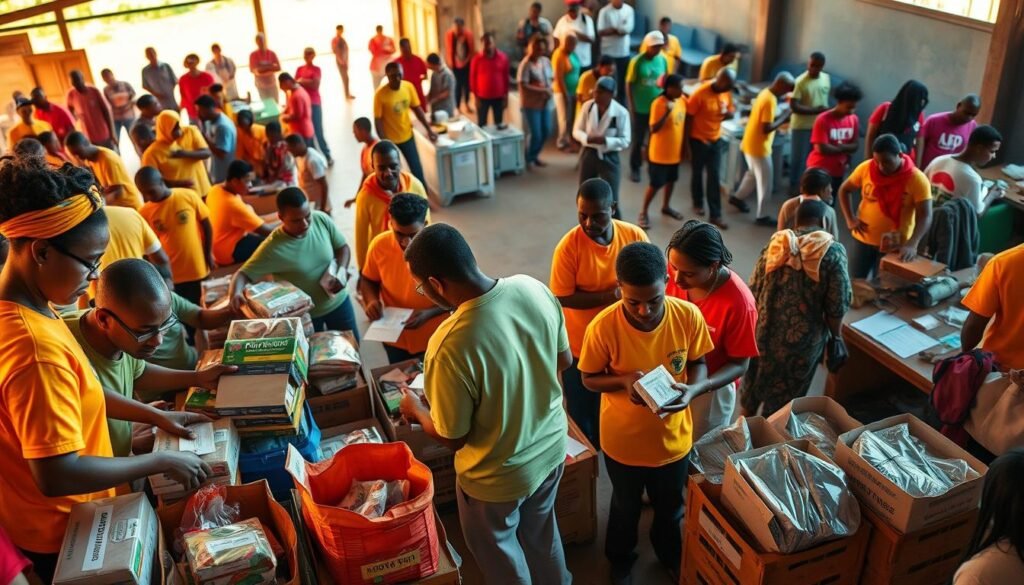 Urgent volunteer roles: a bustling community hub, volunteers in vibrant attire lend their time and skills. In the foreground, a team sorts and packs essential supplies for distribution. In the middle, a group leads a vocational training session, empowering locals. The background depicts a diverse array of activities - from healthcare screenings to environmental cleanups. Warm lighting casts a sense of purpose, highlighting the impactful work underway. Angles and compositions convey a dynamic, collaborative atmosphere where every contribution matters. The scene exudes a palpable energy, inviting the viewer to join this vital community service effort.