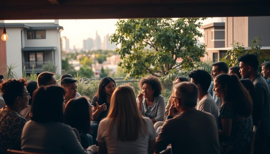 Vibrant community gathering, diverse group of people from different backgrounds engaged in lively conversation, sharing ideas and building connections. Warm lighting illuminates the scene, creating a welcoming atmosphere. In the foreground, people of various ages and ethnicities sit or stand in a circle, gesturing animatedly and making eye contact, fostering a sense of trust and understanding. The middle ground features a mix of modern and traditional architectural elements, representing the diversity of the neighborhood. In the background, lush greenery and a cityscape skyline provide a natural and urban backdrop, symbolizing the integration of the community within the larger urban landscape.