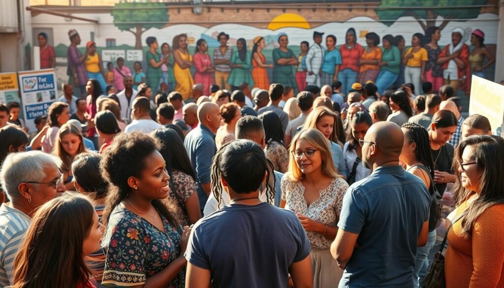 Vibrant community gathering, people of diverse backgrounds engaged in lively discussions and activities. Foreground shows a bustling scene with groups of individuals animatedly conversing, sharing ideas, and collaborating on projects. Middle ground features informative booths, interactive demonstrations, and creative workshops. Warm, natural lighting casts a welcoming glow, emphasizing the inclusive atmosphere. In the background, a mural depicting the neighborhood's rich cultural heritage serves as a backdrop, inspiring a sense of shared identity and purpose. Candid expressions, dynamic body language, and a palpable energy convey the spirit of grassroots community engagement.