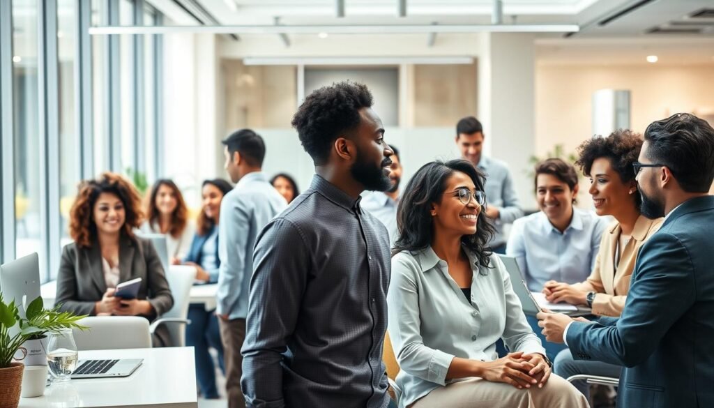 Vivid corporate diversity scene with diverse group of professionals in a modern office setting. Bright, airy atmosphere with large windows, clean lines, and sleek furniture. People of varied ethnicities, ages, and genders collaborating at desks, in conference rooms, and in casual conversation. Subtle lighting accentuates their engaged expressions and body language, conveying a sense of belonging, productivity, and synergy. The space radiates an inclusive, innovative, and forward-thinking ambiance that reflects the benefits of a diverse and inclusive workforce.