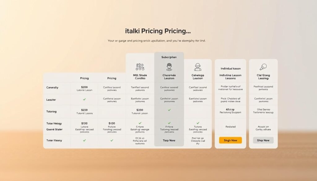 a detailed diagram of italki's pricing structure, showcasing the various subscription plans and individual lesson options. The foreground features a clean, minimalist table layout highlighting the different tiers, their corresponding prices, and the included features. The middle ground displays icons and illustrations representing the key benefits of each plan, such as the number of lessons, tutoring hours, and language options. The background is a soft, blurred gradient in muted tones, creating a professional and informative atmosphere. The overall composition is well-balanced, with a focus on clarity and visual hierarchy to effectively communicate the pricing information.
