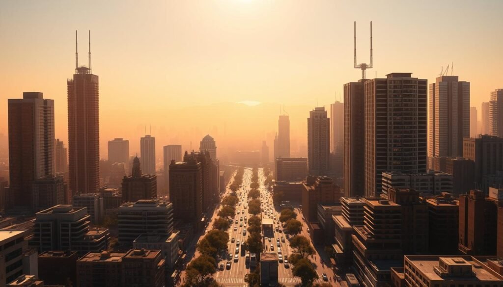 a detailed, photorealistic cityscape illustrating the urban heat island effect, with a vibrant, sun-drenched foreground featuring towering skyscrapers and dense urban development, their dark, heat-absorbing surfaces radiating warmth. in the middle ground, a bustling street scene with cars and pedestrians, the air shimmering with heat haze. in the background, a hazy, bleached-out horizon, the sky tinged with a reddish-orange glow. the scene is lit by harsh, directional sunlight casting long shadows, emphasizing the angular architecture and creating a sense of intense heat and energy. the overall mood is one of urban intensity, with the heat island effect palpable and oppressive, underscoring the need for sustainable urban planning.