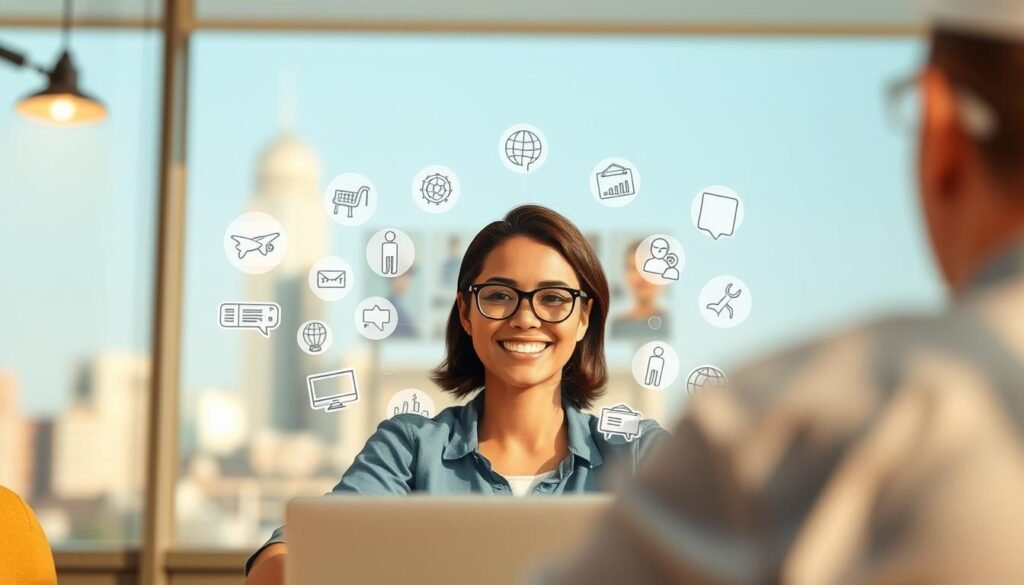 a detailed photorealistic illustration depicting the pros of using language tutors on italki, viewed from a medium-wide angle with a shallow depth of field. in the foreground, a friendly, smiling tutor is engaged in an online video call with a student, both of them appearing focused and engaged. in the middle ground, various icons and graphics illustrate the benefits of personalized language learning, such as customized lessons, flexible scheduling, and affordable rates. in the background, a blurred cityscape or abstract backdrop suggests the global reach and accessibility of the italki platform. the lighting is warm and natural, creating a inviting and professional atmosphere.
