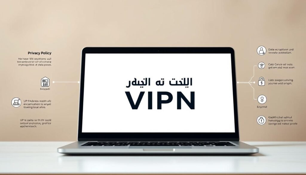 a detailed, photorealistic illustration of a virtual private network (VPN) privacy policy, featuring a minimalist design with clean lines and a neutral color palette. The foreground showcases a laptop screen displaying the "سياسة خصوصية VPN" text, with a sleek, modern VPN icon prominently displayed. The middle ground includes subtle icons and infographic elements that visually explain key aspects of the VPN privacy policy, such as data encryption, IP address masking, and secure browsing. The background features a softly blurred, muted backdrop that evokes a sense of digital security and online privacy. The overall composition conveys a professional, trustworthy, and user-friendly impression of the VPN privacy policy.