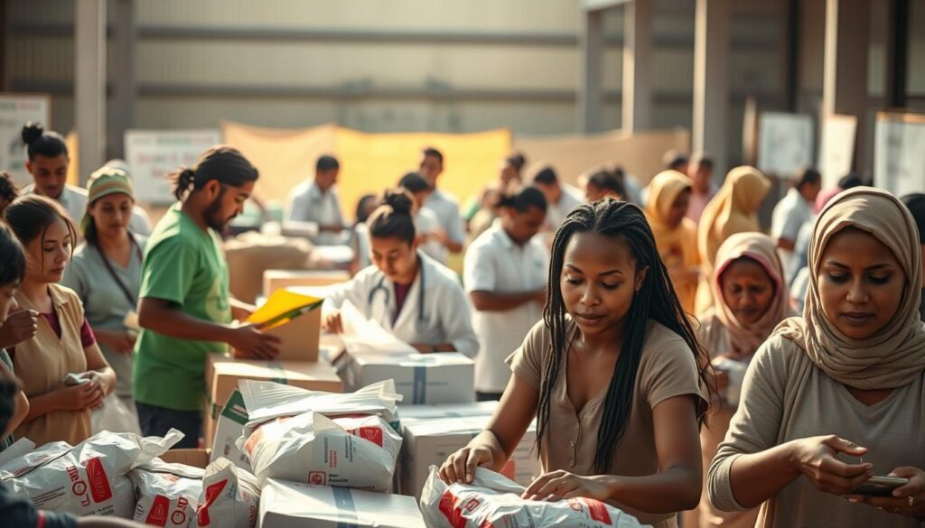 a highly detailed, hyper-realistic image of humanitarian initiatives, depicting a bustling scene of people engaged in various acts of altruism and care. The foreground showcases a group of volunteers sorting and packing relief supplies, their expressions focused and determined. In the middle ground, medical professionals tend to the needs of those in distress, while in the background, community organizers coordinate educational programs and skills training. The scene is bathed in warm, natural lighting, creating a sense of hope and optimism. The overall composition conveys a harmonious and collaborative effort, with each individual playing a vital role in the larger mission of providing aid and support to those in need.