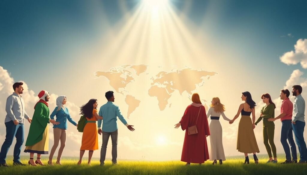 a highly detailed, photorealistic, digital illustration of the principles and ideals of global citizenship. the foreground depicts a diverse group of people from different cultures and backgrounds, standing together and holding hands to symbolize unity, cooperation, and shared values. the middle ground shows a world map with interconnected continents, representing the global interconnectedness and shared responsibility. the background features a serene, ethereal sky with rays of light shining down, conveying a sense of enlightenment, inclusivity, and a higher purpose. the overall composition is balanced, harmonious, and radiates a warm, hopeful, and inspiring atmosphere.