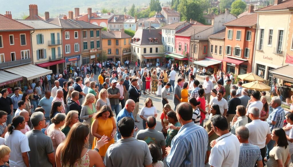 a thriving town square, bustling with community activity - citizens engaged in lively discussions, sharing ideas and working together towards a common goal. the scene is bathed in warm, natural lighting, creating a sense of openness and inclusivity. in the foreground, a diverse group of people gather around a central meeting point, gesturing animatedly as they exchange perspectives. in the middle ground, smaller clusters of residents can be seen participating in various civic events and workshops, demonstrating a strong commitment to civic responsibility. in the background, the buildings and infrastructure of the town reflect a well-designed, pedestrian-friendly environment that encourages public participation and community cohesion. the overall atmosphere conveys a vibrant, democratic spirit where citizens feel empowered to shape the future of their shared space.