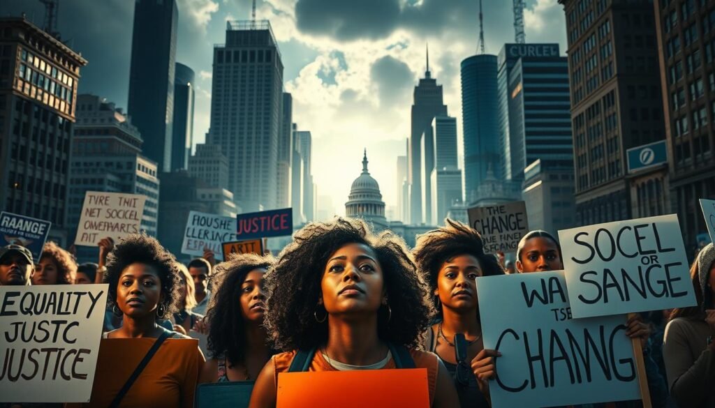 a vibrant, dynamic scene depicting the challenges faced in social justice advocacy work. in the foreground, a group of passionate advocates, their faces etched with determination, holding protest signs and banners that read "equality," "justice," and "change." the middle ground shows a chaotic urban landscape, with government buildings and corporate towers looming in the background, symbolizing the institutional barriers they must navigate. dramatic lighting casts long shadows, creating a sense of tension and struggle. the overall atmosphere is one of resilience and perseverance, as the advocates stand firm in the face of adversity, fighting for a more equitable and inclusive society.
