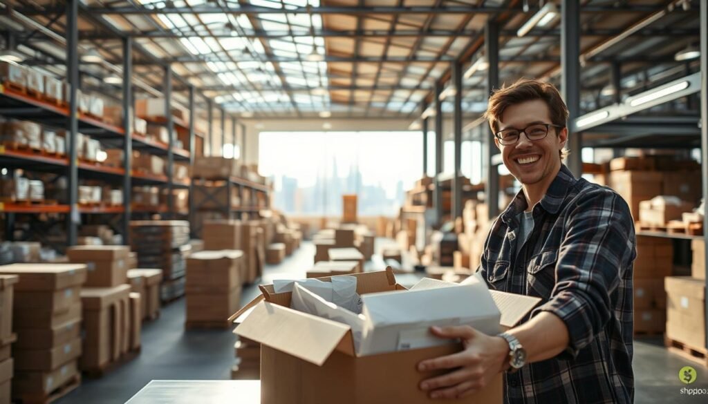 A bustling distribution center, packages neatly stacked and conveyor belts whirring. In the foreground, a satisfied customer smiles as they unpack their order, the contents spilling out onto a sun-dappled table. Overhead, fluorescent lights cast a warm glow, while large windows offer a glimpse of the city skyline in the distance. The atmosphere is one of efficiency and delight, reflecting the seamless shipping experience facilitated by Shippo's platform.