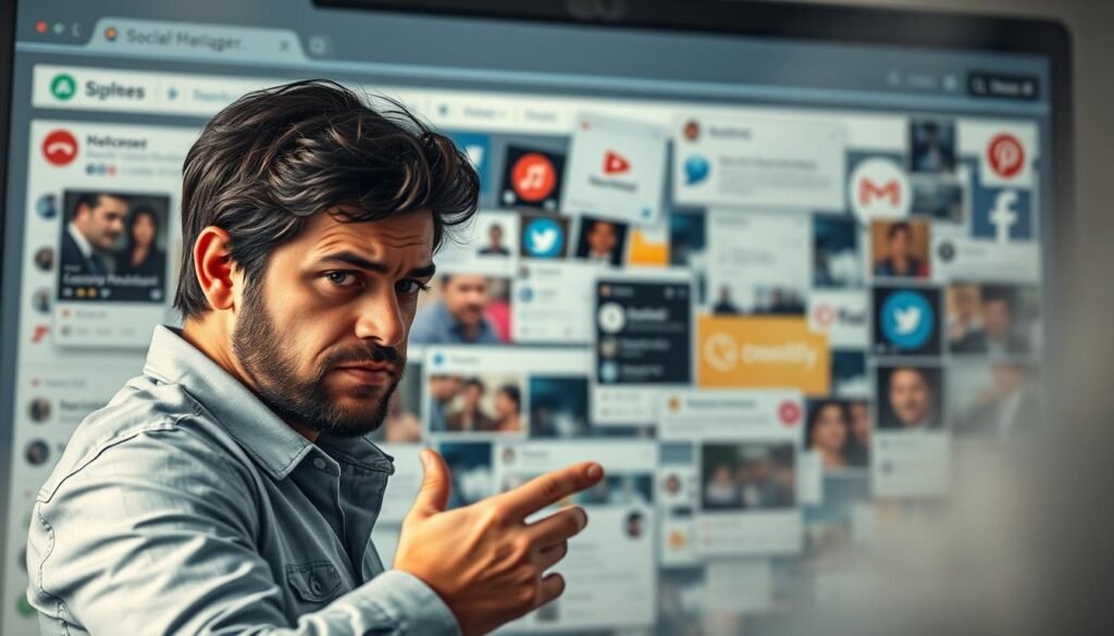 A bustling social media dashboard with various apps and platforms open, representing the challenges of managing multiple channels. In the foreground, a stressed social media manager juggles tasks, their expression conveying the pressure of keeping up with constant updates, notifications, and content creation. The middle ground showcases the disarray of open tabs, notifications, and analytics, symbolizing the overwhelming nature of social media management. The background blurs into a hazy, unsettled environment, reflecting the uncertainty and unpredictability inherent in this dynamic digital landscape. Soft, muted lighting sets a contemplative mood, evoking the need for a streamlined, all-in-one solution to alleviate the burdens of social media management.