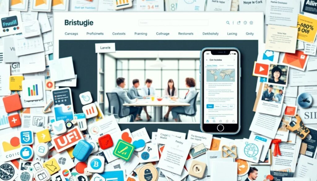 A cluttered web design with misaligned elements, poor color contrast, and an outdated aesthetic. The foreground features a jumbled arrangement of icons, buttons, and text blocks, creating a sense of visual chaos. The middle ground showcases a mobile device with a poorly optimized layout, highlighting the challenges of responsive design. In the background, a generic stock image of a business meeting suggests the disconnect between the website and the company's brand. The overall mood is one of frustration and confusion, reflecting the common pitfalls of subpar web design. Soft, diffused lighting and a muted color palette evoke a sense of dissatisfaction with the end result.