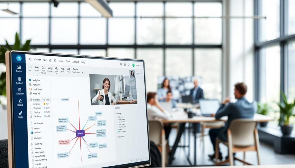 A collaborative workspace with MindManager software prominently displayed in the foreground. The interface showcases features like mind mapping, task management, and real-time collaboration. In the middle ground, remote team members contribute ideas and synchronize their work. The background depicts a modern office setting with large windows, natural lighting, and minimalist decor, creating a productive and innovative atmosphere. The overall scene conveys the seamless integration of MindManager's tools, enabling efficient project planning and task coordination within a visually appealing and intuitive digital environment. A collaborative workspace with MindManager software prominently displayed in the foreground. The interface showcases features like mind mapping, task management, and real-time collaboration. In the middle ground, remote team members contribute ideas and synchronize their work. The background depicts a modern office setting with large windows, natural lighting, and minimalist decor, creating a productive and innovative atmosphere. The overall scene conveys the seamless integration of MindManager's tools, enabling efficient project planning and task coordination within a visually appealing and intuitive digital environment.
