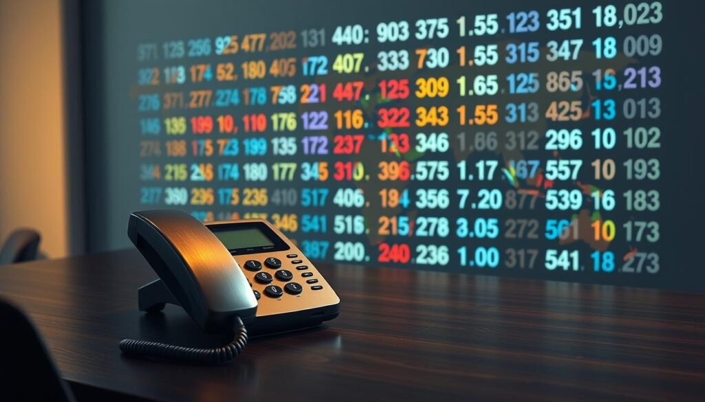A dimly lit office desk with a modern, sleek phone resting on it, surrounded by a grid of colorful, geometric business phone numbers projected onto the wall behind it. The desk is made of dark, polished wood, and the phone has a brushed metal finish. The lighting is warm and focused, creating a professional, sophisticated atmosphere. The grid of phone numbers is rendered in a clean, minimalist style, with a mix of different colors and patterns to create a visually striking and organized display. The overall composition suggests the global reach and connectivity of a modern, cloud-based business phone system.