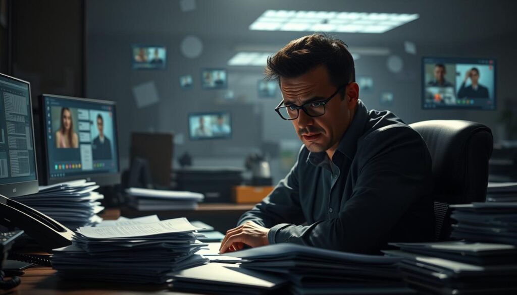A dimly lit office scene with a flustered hiring manager sitting at a cluttered desk, surrounded by stacks of resumes and a ringing desk phone. The manager's expression conveys a sense of overwhelm and frustration, with shadows casting a somber mood. In the background, a hazy vision of disconnected video call windows and scattered notification alerts hints at the challenges of remote communication. The composition emphasizes the isolation and inefficiency of the hiring process, inviting the viewer to empathize with the manager's struggle to navigate the complexities of modern employment communication.