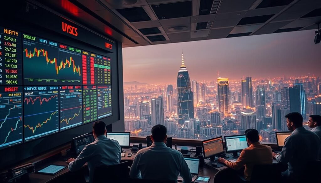 A dynamic trading floor with a large digital screen displaying real-time Nifty index data. In the foreground, a group of financial analysts intently studying stock charts and graphs, their faces illuminated by the glow of their screens. In the middle ground, a team of traders rapidly executing orders, the tension palpable as they monitor the fluctuating Nifty futures and options contracts. The background showcases a panoramic view of the bustling financial district, skyscrapers reaching towards the sky, creating a sense of the high-stakes world of derivatives trading. Warm, focused lighting sets the mood, emphasizing the focus and intensity of the scene. A dynamic trading floor with a large digital screen displaying real-time Nifty index data. In the foreground, a group of financial analysts intently studying stock charts and graphs, their faces illuminated by the glow of their screens. In the middle ground, a team of traders rapidly executing orders, the tension palpable as they monitor the fluctuating Nifty futures and options contracts. The background showcases a panoramic view of the bustling financial district, skyscrapers reaching towards the sky, creating a sense of the high-stakes world of derivatives trading. Warm, focused lighting sets the mood, emphasizing the focus and intensity of the scene.