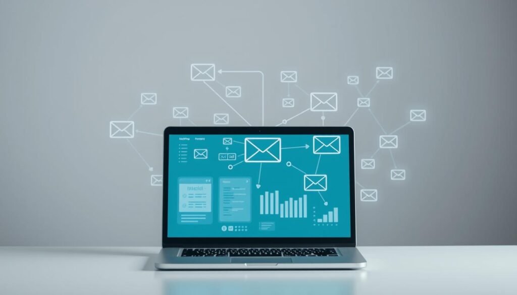 A high-quality image depicting "automation of email marketing" in a professional, clean, and visually appealing manner. The image should feature a computer monitor or laptop in the foreground, displaying various email marketing analytics and campaign management tools. In the middle ground, visualize a network of interconnected devices, illustrating the automated flow of email marketing processes. The background should have a minimalist, corporate-inspired design with muted colors, emphasizing the efficiency and sophistication of the email marketing automation system. Incorporate subtle lighting and camera angles to create a sense of depth and balance, conveying the seamless integration of technology and marketing strategy.