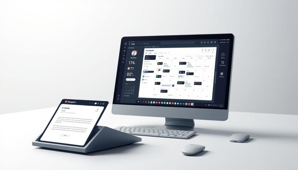 A highly detailed, striking digital illustration showcasing the seamless integration of email and calendar functionalities for a sophisticated recruitment management platform. The scene depicts a stylized user interface with sleek, modern design elements and intuitive controls. Prominent in the foreground are interactive email composition and calendar scheduling tools, surrounded by a minimalist yet elegant layout that conveys a sense of efficiency and productivity. The middle ground features subtle data visualizations and workflow automations, while the background subtly suggests the broader ecosystem of the recruitment platform. Rendered in a high-contrast, muted color palette with precise lighting and depth of field, the overall composition radiates a professional, enterprise-grade aesthetic suitable for an impactful technology-focused article.