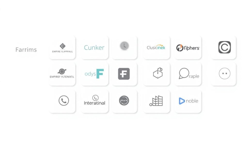 A modern and minimalist illustration showcasing a range of online marketplace platforms as alternatives to Flippa for buying and selling websites. The image depicts a clean, white background with a grid-like layout, each grid square featuring a simple icon or logo representing a different platform, such as Empire Flippers, FE International, or Odys. The icons are arranged in a visually appealing and organized manner, conveying a sense of variety and choice. Soft, neutral tones and clean lines create a professional, high-quality aesthetic suitable for a business-focused article. The overall composition balances simplicity and informative content, guiding the viewer's attention to the range of options available beyond the primary subject of Flippa.