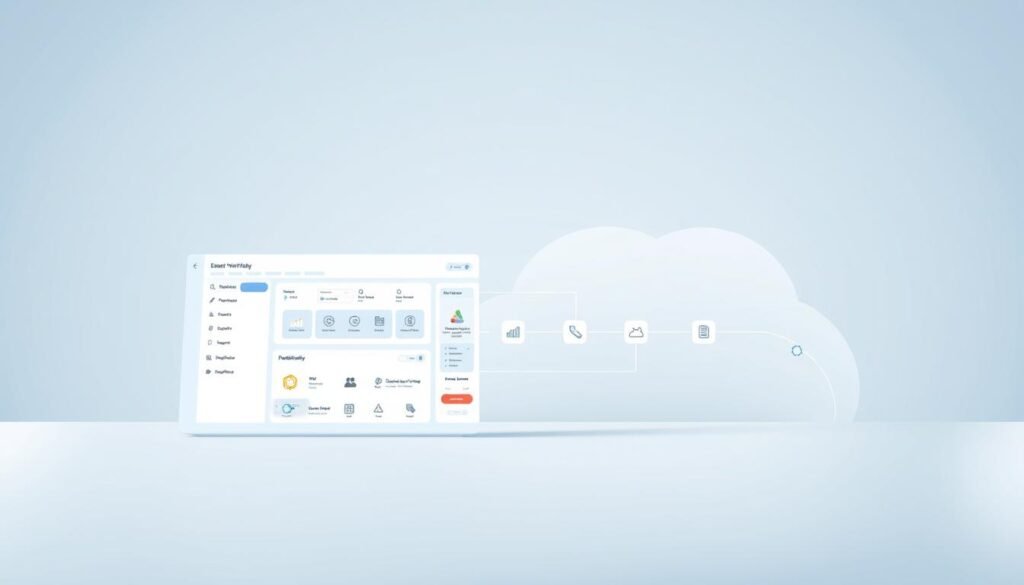 A modern, minimalist illustration of a cloud-based workflow automation platform. In the foreground, a sleek, stylized dashboard interface showcases intuitive drag-and-drop functionality. The middle ground features clean iconography and elegant UI elements, hinting at the platform's powerful integration capabilities. In the background, a soft gradient of pastel blues and grays evokes a sense of efficiency and productivity. Soft, diffused lighting creates a pleasant, professional atmosphere, while a high-resolution, camera-like perspective gives the scene a polished, aspirational feel.