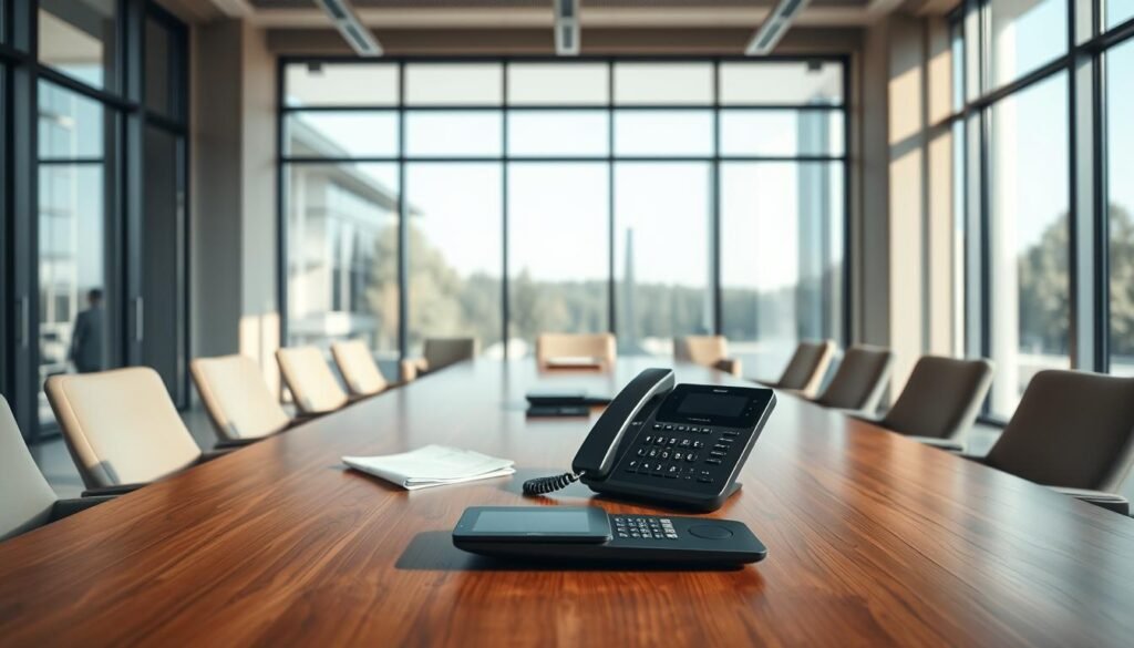 A modern, minimalist office interior with a large, wooden conference table in the foreground. On the table, a sleek, black business phone system sits prominently, surrounded by a few documents and a tablet. The mid-ground features comfortable office chairs in a neutral color palette. The background showcases floor-to-ceiling windows, allowing natural light to flood the space and create a warm, productive atmosphere. The lighting is soft and diffused, highlighting the clean lines and premium materials of the phone system. The camera angle is slightly elevated, creating a sense of authority and professionalism.