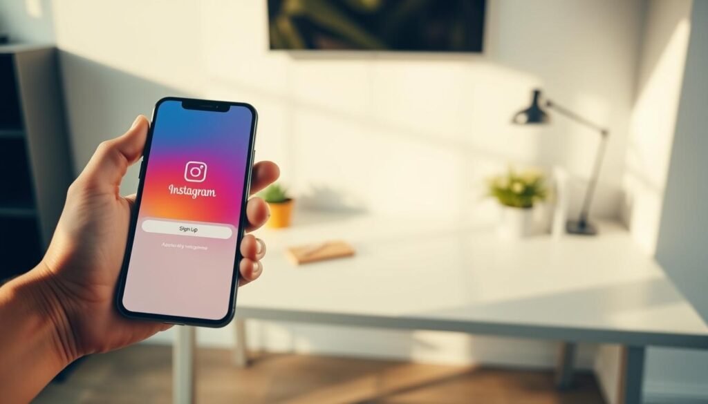 A modern, minimalist scene depicting the Instagram sign-up process. In the foreground, a hand holds a smartphone displaying the Instagram login screen, the familiar logo and UI elements clearly visible. The middle ground features a simple white desk or table, creating a clean, uncluttered backdrop. Warm, natural lighting casts a soft glow, emphasizing the sleek, contemporary aesthetic. The background is slightly blurred, hinting at a minimalist office or home environment. The overall mood is one of efficiency, ease, and the seamless integration of social media into daily life.