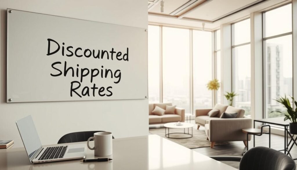 A modern office interior with a large whiteboard on the wall displaying "Discounted Shipping Rates" in bold, clean typography. In the foreground, a stylish desk with a laptop, pen, and a mug of coffee. The middle ground features a cozy seating area with a plush sofa and chairs, creating an inviting atmosphere. The lighting is soft and natural, cascading through large windows that reveal a cityscape in the background. The overall scene conveys a sense of productivity, efficiency, and a focus on providing value to customers through discounted shipping options.
