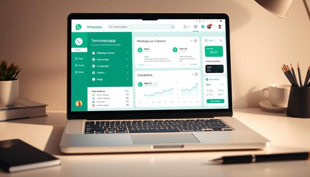A modern, sleek WhatsApp business dashboard on a laptop screen, with a minimalist user interface showcasing various communication tools and analytics. The display features clean typography, well-organized sections, and subtle branding elements that convey the professional nature of the Wati.io platform. The scene is bathed in soft, diffused lighting, creating a warm and inviting atmosphere. The laptop is placed on a minimalist desk, surrounded by office accessories, suggesting a productive work environment. The overall composition emphasizes the user-friendly and efficient nature of the Wati.io platform for seamless business communication.