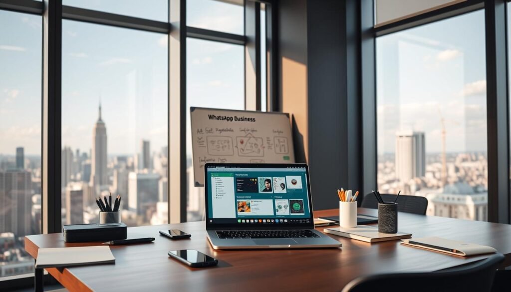 A modern, sleek office setting with a large window overlooking a cityscape. In the foreground, a desk with a laptop, smartphone, and various office supplies. On the laptop screen, a visual representation of WhatsApp Business integration capabilities, such as icons, graphs, or product screenshots. The middle ground features a whiteboard with diagrams and notes about integration features. The background showcases the cityscape, with skyscrapers and a vibrant, urban atmosphere. The lighting is natural, with a warm, productive tone. The overall scene conveys a sense of professionalism, innovation, and the seamless integration of WhatsApp Business into a modern, technology-driven workspace.
