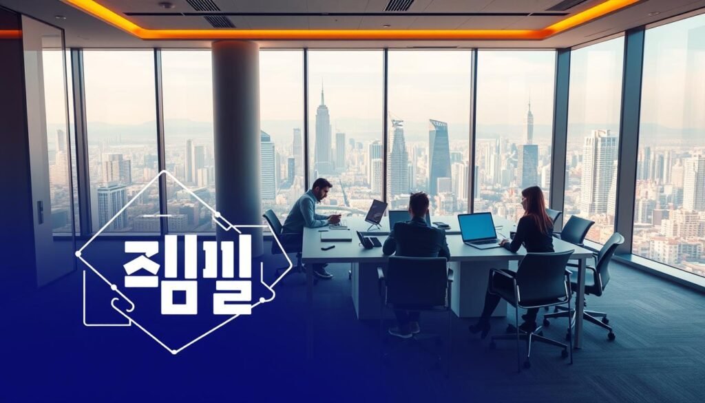 A modern, sleek office space with a focus on productivity and efficiency. In the foreground, a stylized graphic representation of the "تحسين الإنتاجية" concept, featuring clean lines, geometric shapes, and a vibrant color palette. The middle ground showcases a team of professionals collaborating around a large, minimalist conference table, using a variety of digital devices and tools. In the background, floor-to-ceiling windows provide a panoramic view of a bustling city skyline, bathed in warm, natural lighting. The overall atmosphere conveys a sense of innovation, synergy, and the seamless integration of technology to drive organizational success.