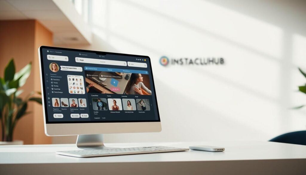 A modern, well-designed e-commerce platform with a sleek user interface. In the foreground, display the key features of InstaclubHub, such as personalized product recommendations, intuitive search, and seamless checkout. In the middle ground, showcase the platform's social integration, allowing users to share and discover products with friends. In the background, depict a clean, minimalist aesthetic with subtle branding elements, conveying a sense of sophistication and efficiency. Utilize a warm, inviting color palette and natural lighting to create a visually appealing and approachable atmosphere, reflecting the smart and user-friendly nature of the InstaclubHub platform.