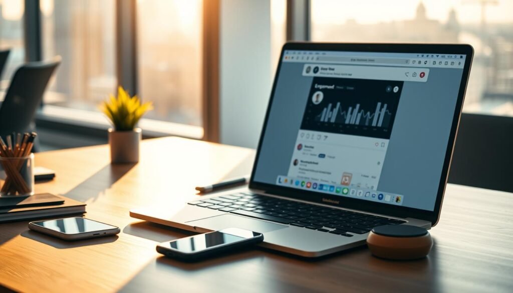 A personal experience with a social media platform. An office desk with a laptop, smartphone, and desk accessories. The laptop screen displays a social media app interface, with an engagement analytics dashboard. The background features a blurred office interior, with a window overlooking a cityscape. Warm, natural lighting casts soft shadows. The overall mood is one of focus and productivity, reflecting the professional context of the experience. The composition emphasizes the central role of the technology in facilitating communication and collaboration.